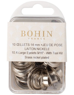 Boite 10 oeillets 14 mm avec rondelles et jeu de pose Bohin - Argent