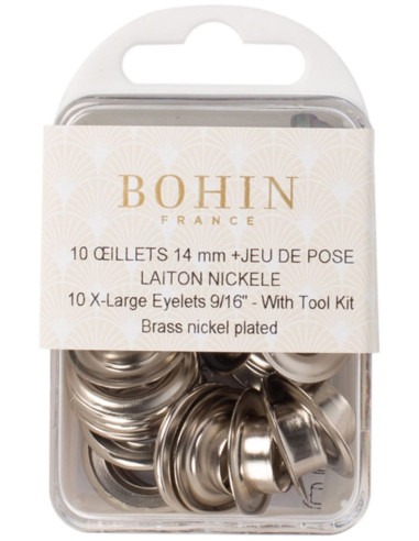 Boite 10 oeillets 14 mm avec rondelles et jeu de pose Bohin - Argent