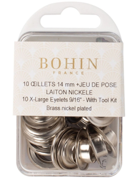 Boite 10 oeillets 14 mm avec rondelles et jeu de pose Bohin - Argent