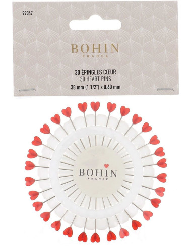 Disque de 30 épingles à tête plastique coeur rouge Bohin