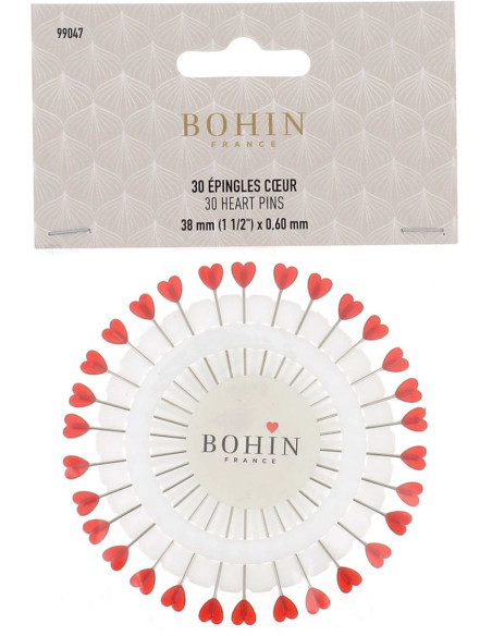 Disque de 30 épingles à tête plastique coeur rouge Bohin