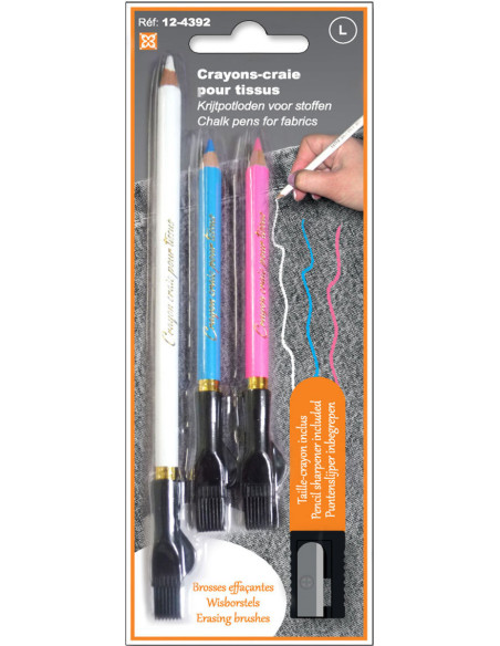 Set de 3 crayons craie avec brosse à effacer et taille crayon