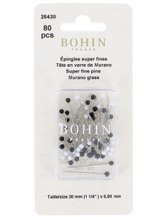 Boite de 80 épingles super-fines tête de verre Murano noir et blanc Bohin