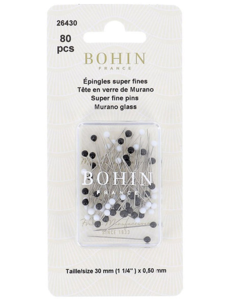 Boite de 80 épingles super-fines tête de verre Murano noir et blanc Bohin
