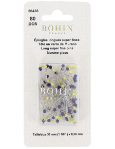 Boite de 80 épingles longues super-fines tête de verre Murano bleu et jaune Bohin