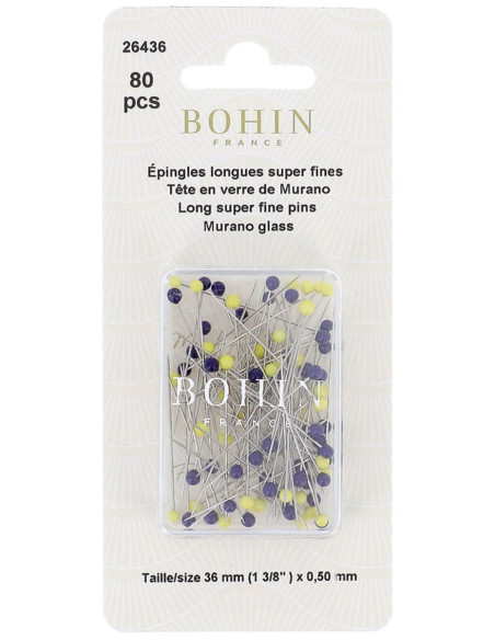 Boite de 80 épingles longues super-fines tête de verre Murano bleu et jaune Bohin