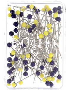Boite de 80 épingles longues super-fines tête de verre Murano bleu et jaune Bohin 2