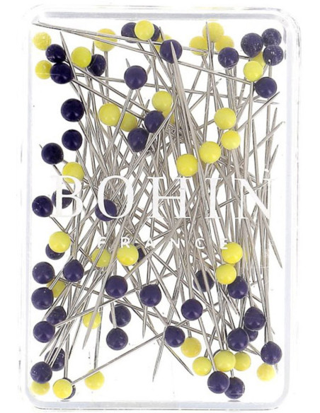 Boite de 80 épingles longues super-fines tête de verre Murano bleu et jaune Bohin
