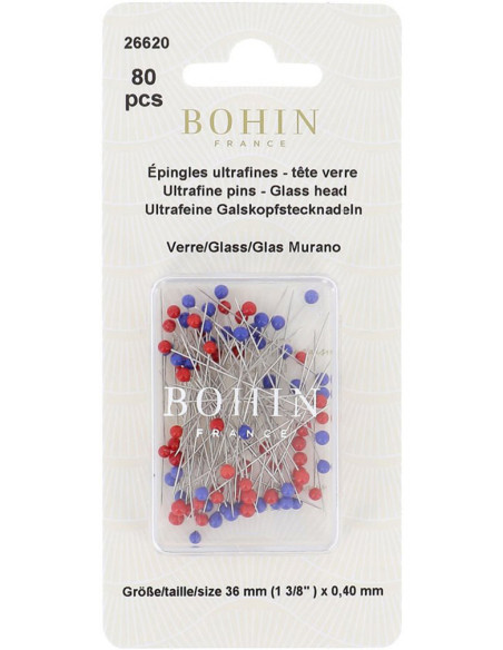 Boite de 80 épingles ultra-fines tête de verre Murano Bohin