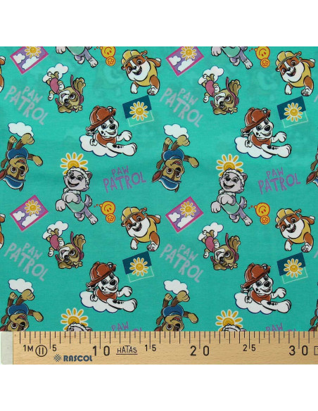 Tissu jersey Pat´ Patrouille - Soleil fond bleu turquoise