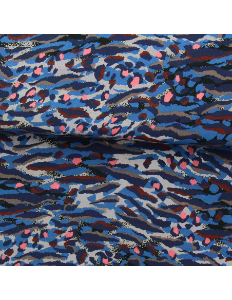 Tissu viscose fantaisie - Bengal bleu et corail