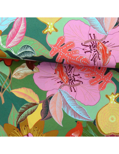 Tissu viscose fantaisie - Xodius vert et rose