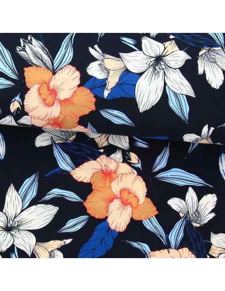 Tissu lycra maillot de bain - Fleurs fond noir