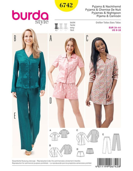 Patron de pyjamas et chemise de nuit - Burda 6742