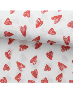 Tissu double gaze imprimé - Coeurs rouges fond blanc
