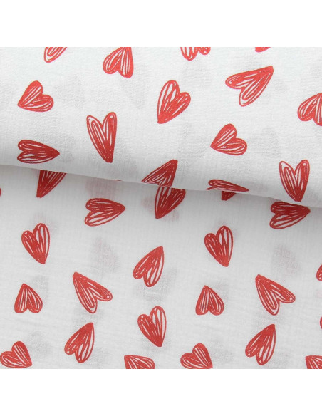 Tissu double gaze imprimé - Coeurs rouges fond blanc