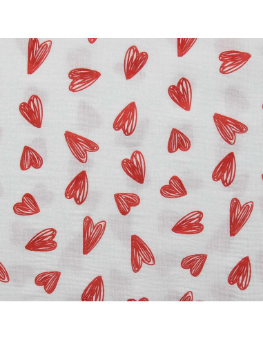 Tissu double gaze imprimé - Coeurs rouges fond blanc