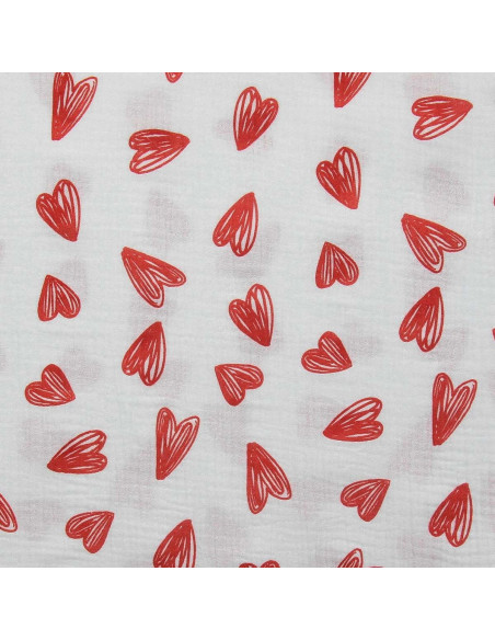 Tissu double gaze imprimé - Coeurs rouges fond blanc