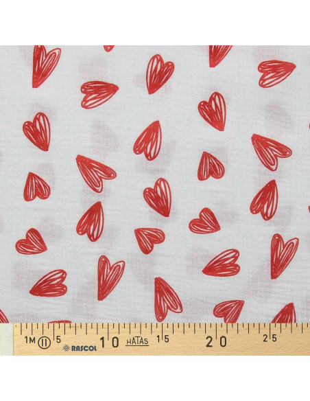 Tissu double gaze imprimé - Coeurs rouges fond blanc
