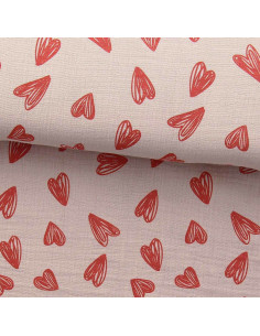 Tissu double gaze imprimé - Coeurs rouges fond beige