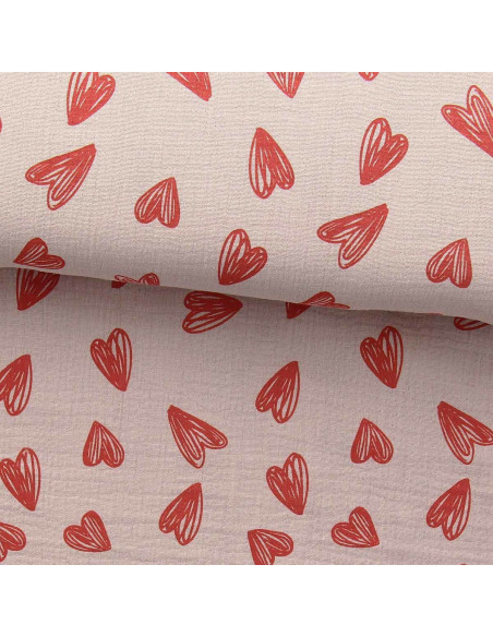Tissu double gaze imprimé - Coeurs rouges fond beige