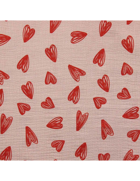 Tissu double gaze imprimé - Coeurs rouges fond beige
