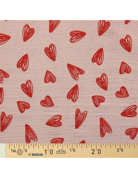 Tissu double gaze imprimé - Coeurs rouges fond beige