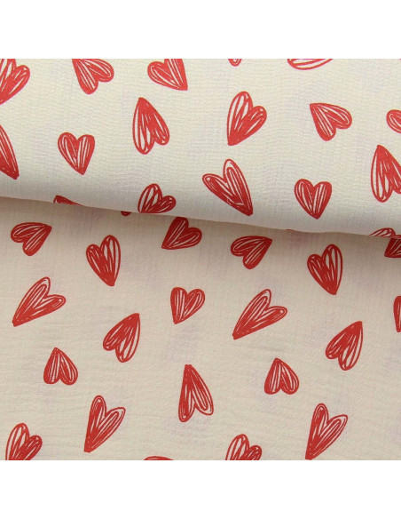 Tissu double gaze imprimé - Coeurs rouges fond écru