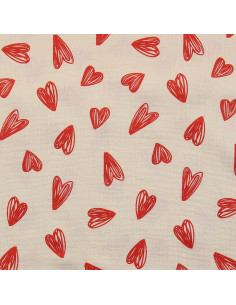 Tissu double gaze imprimé - Coeurs rouges fond écru 2