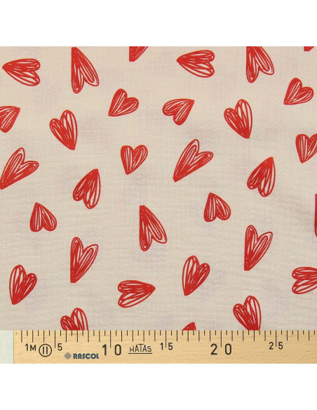 Tissu double gaze imprimé - Coeurs rouges fond écru