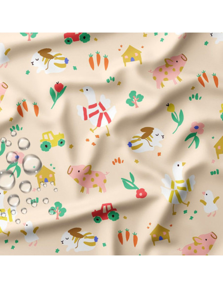 Tissu imperméable pour ciré - Picoti écru et orange