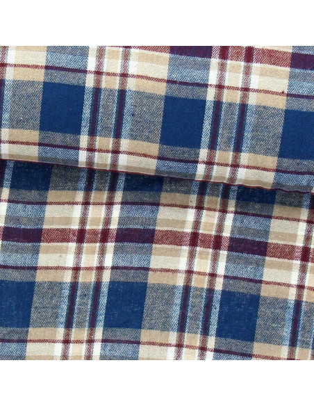 Tissu flanelle tartan écossais - Bleu, beige et rouge