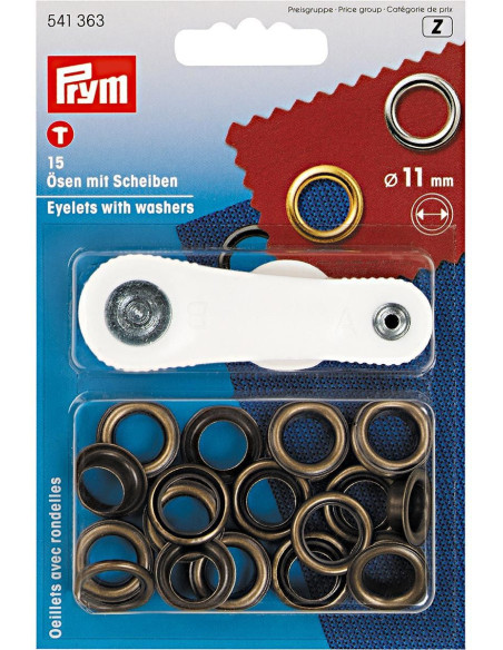 Boite de 15 oeillets 11 mm avec outil de pose - Laiton antique