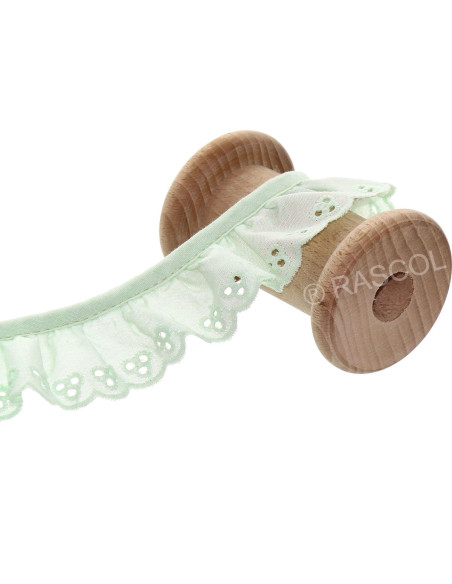 Broderie anglaise froncée sur biais - Vert eau