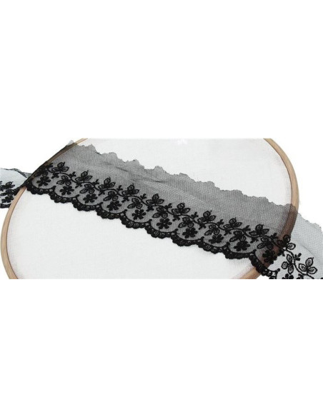 Dentelle broderie fleurs sur tulle - Noir