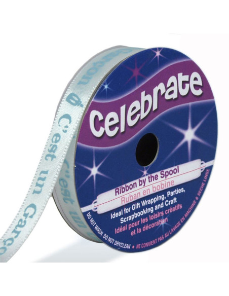 Ruban satin Celebrate blanc imprimé bleu c'est un garçon - 10 mm x 4 mètres