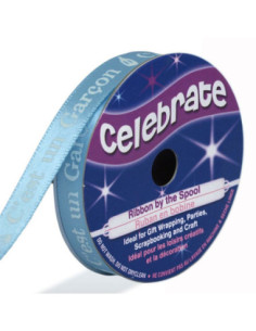 Ruban satin Celebrate bleu imprimé blanc c'est un garçon - 10 mm x 4 mètres