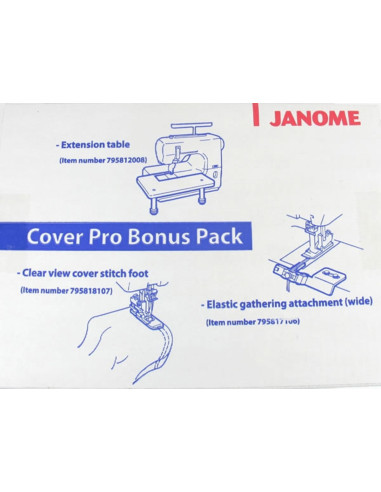 Kit table d´extension, pied pour ourlet couvert et guide pose élastique Janome