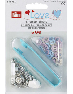 Boite de 21 boutons pression jersey rose, bleu et écru avec outil 8 mm