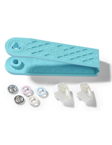 Boite de 21 boutons pression jersey rose, bleu et écru avec outil 8 mm