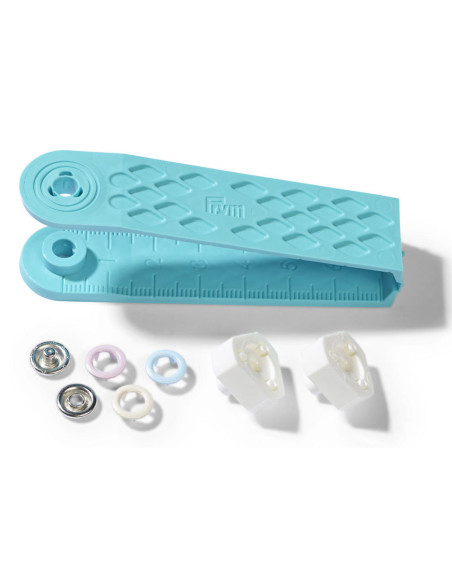 Boite de 21 boutons pression jersey rose, bleu et écru avec outil 8 mm