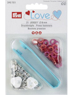 Boite de 21 boutons pression jersey rouge, corail et fuchsia avec outil 8 mm