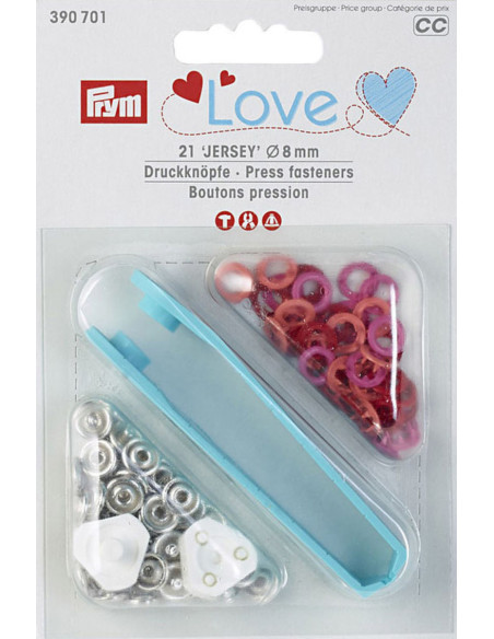 Boite de 21 boutons pression jersey rouge, corail et fuchsia avec outil 8 mm