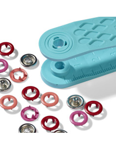 Boite de 21 boutons pression jersey rouge, corail et fuchsia avec outil 8 mm 2