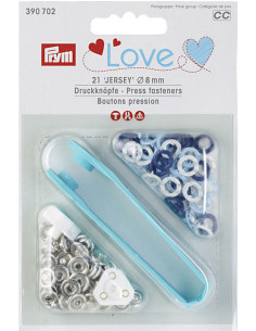 Boite de 21 boutons pression jersey blanc, ciel et marine avec outil 8 mm