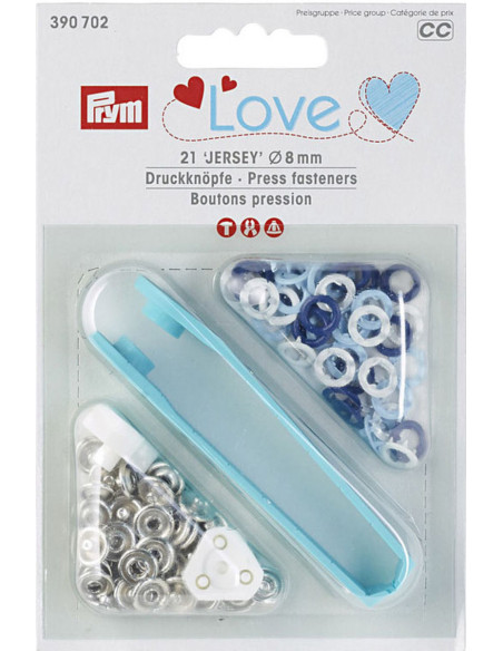 Boite de 21 boutons pression jersey blanc, ciel et marine avec outil 8 mm