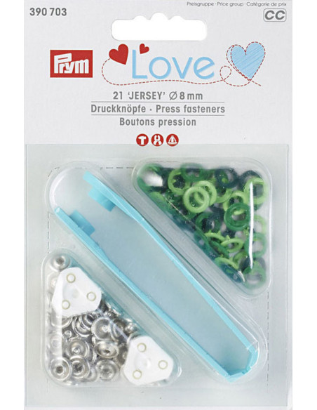 Boite de 21 boutons pression jersey assortiments de verts avec outil 8 mm