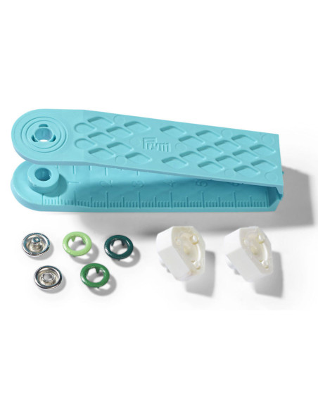 Boite de 21 boutons pression jersey assortiments de verts avec outil 8 mm