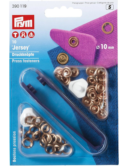 Boite de 10 boutons pression jersey Cuivre avec outil 10 mm