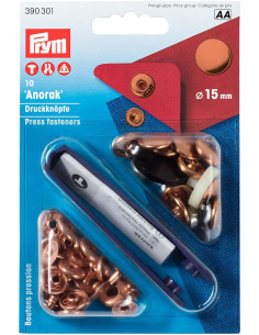 Boite de 10 boutons pression anorak Cuivre avec outil 15 mm